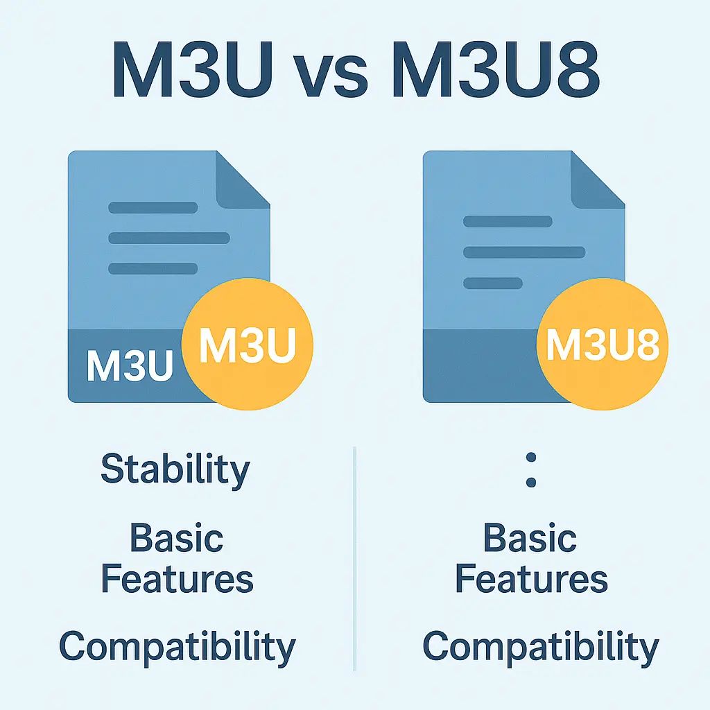 Comparativa visual entre formatos IPTV M3U y M3U8 mostrando diferencias y compatibilidad.